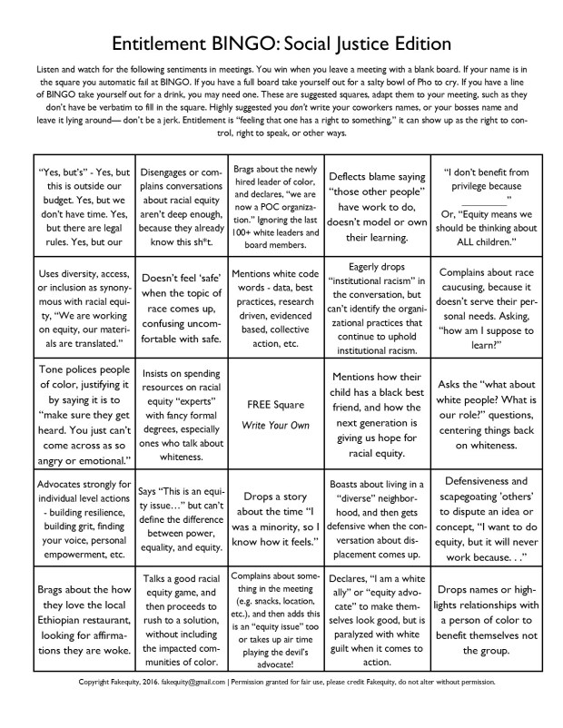 entitlement bingo Social Justice Version